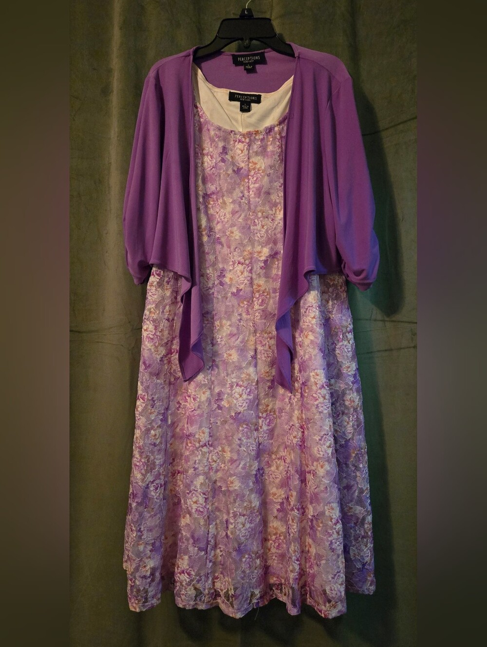 Perceptions Purple Lavender Floral Lace Dress with Matching Shrug